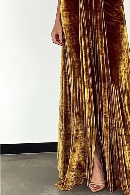 Formal Evening Dress Tan Velvet V Neck with Pockets Floor-Length Dress