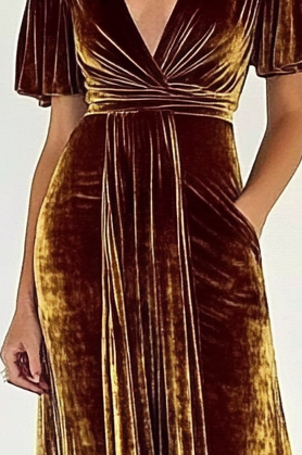 Formal Evening Dress Tan Velvet V Neck with Pockets Floor-Length Dress