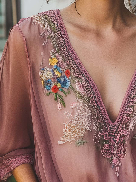 Elegant Gray Purple Floral Embroidery Half Sleeve Chiffon Shirt