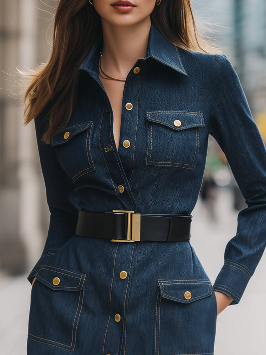 Denim Belted Shirt Dress With Utility Pockets