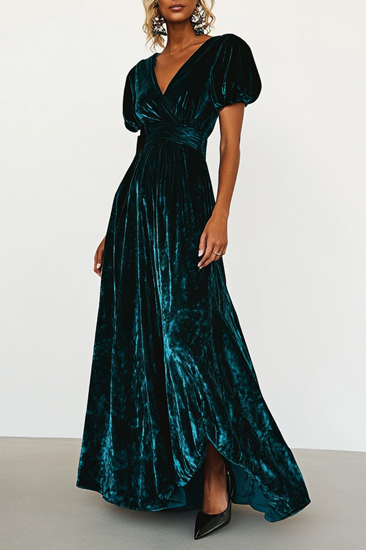 Formal Evening Dress Green Velvet Deep V Puff Sleeve Maxi Dress