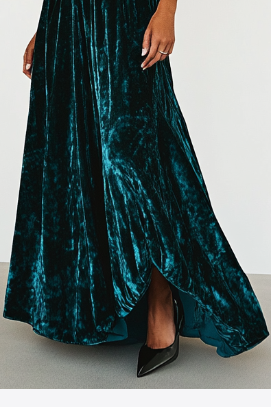 Formal Evening Dress Green Velvet Deep V Puff Sleeve Maxi Dress