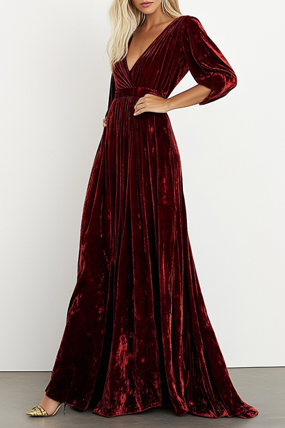 Formal Evening Dress Burgundy Velvet Deep V Floor-Length Dress
