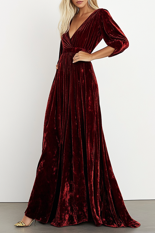 Formal Evening Dress Burgundy Velvet Deep V Floor-Length Dress