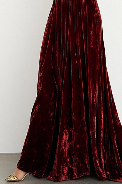 Formal Evening Dress Burgundy Velvet Deep V Floor-Length Dress