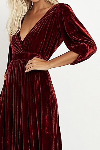 Formal Evening Dress Burgundy Velvet Deep V Floor-Length Dress
