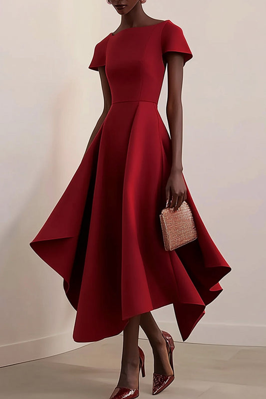 Formal Work Party Wine Red Boat Neck Irregular Hem Midi Dress