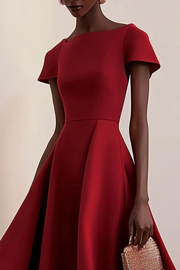 Formal Work Party Wine Red Boat Neck Irregular Hem Midi Dress