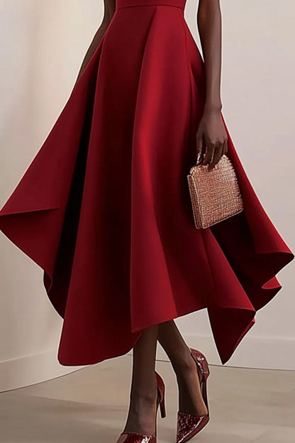 Formal Work Party Wine Red Boat Neck Irregular Hem Midi Dress