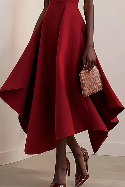 Formal Work Party Wine Red Boat Neck Irregular Hem Midi Dress