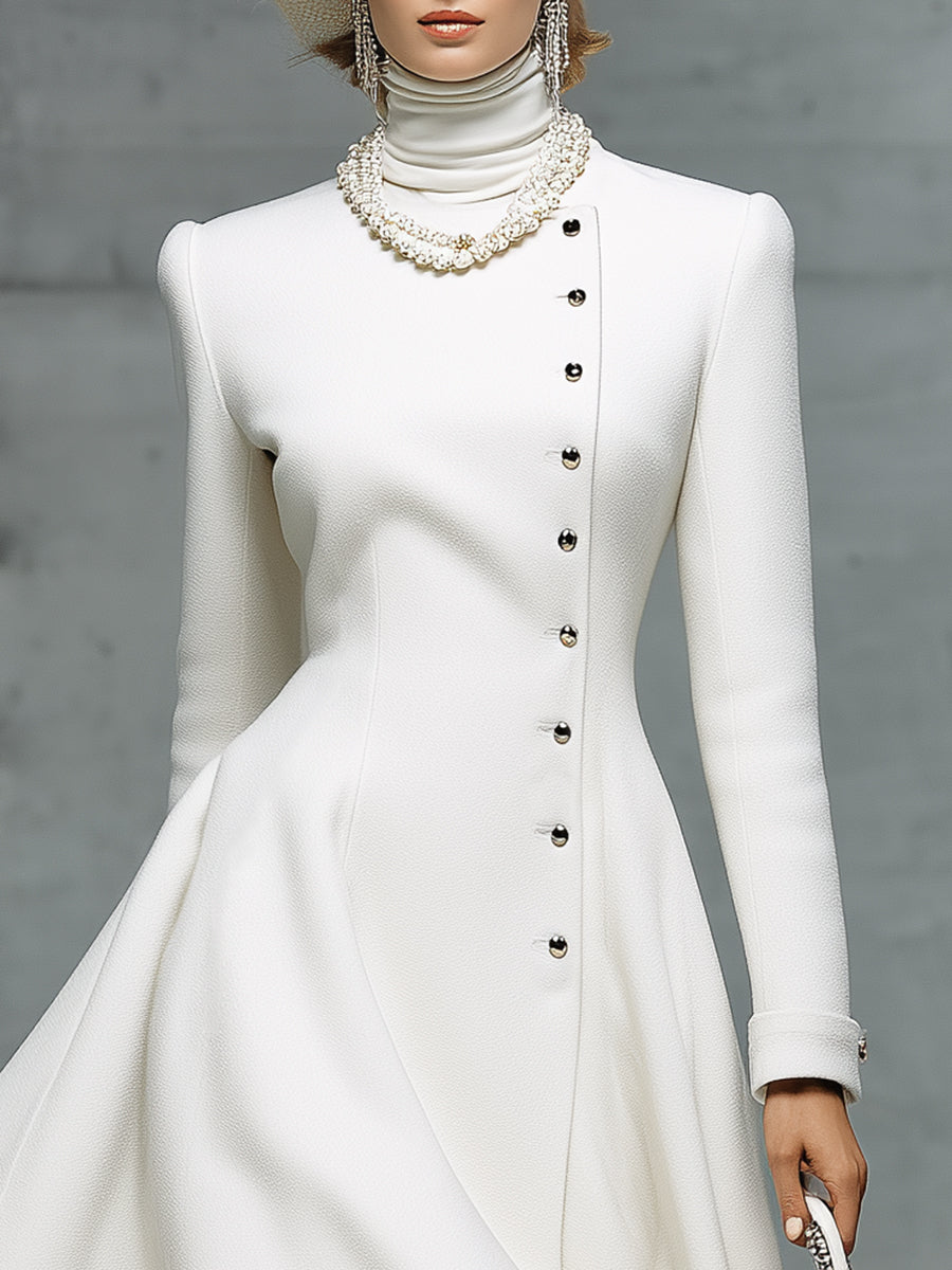 Elegant And Fashionable Round-neck White Long Coat
