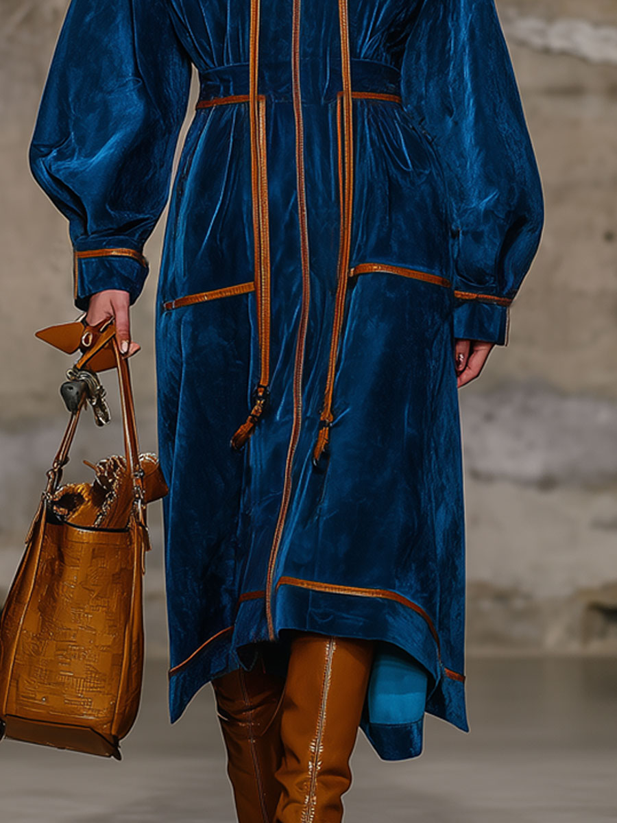 Fashion Retro Brown Trim Dark Blue Velvet Long-Sleeved Cape Midi Dress