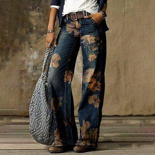 Boho Floral Pattern Hem Straight Leg Denim Jeans