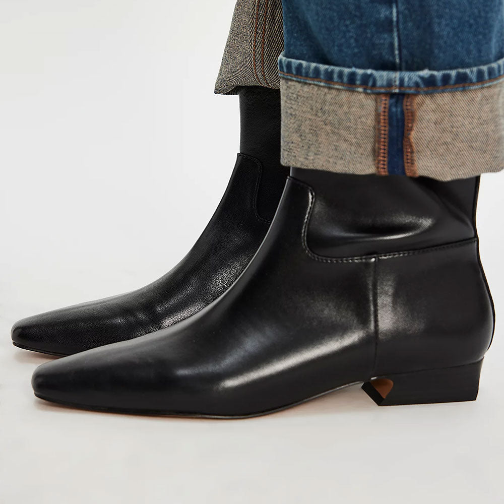 Fashion Black Block Low Heel Square Toe Ankle Boots with Zipper