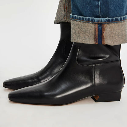 Fashion Black Block Low Heel Square Toe Ankle Boots with Zipper