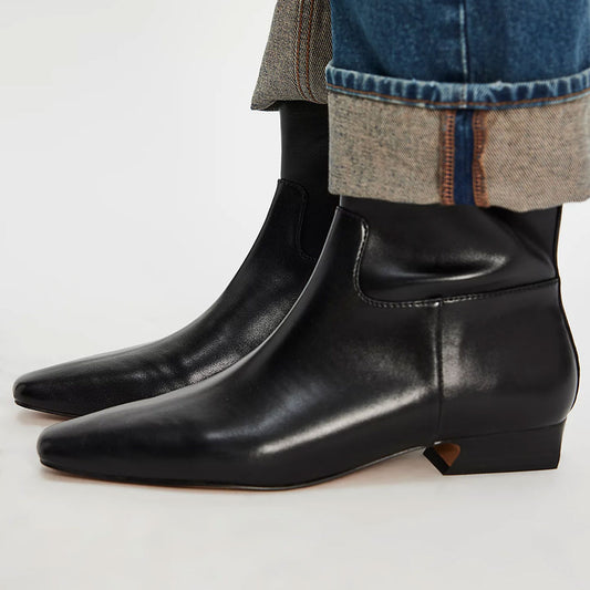 Fashion Black Block Low Heel Square Toe Ankle Boots with Zipper
