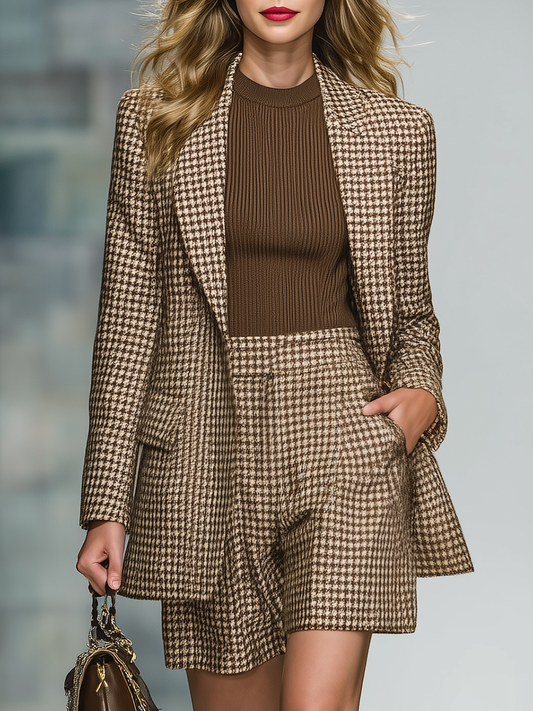 Elegant Retro Houndstooth Blazer And Shorts Two-piece Set
