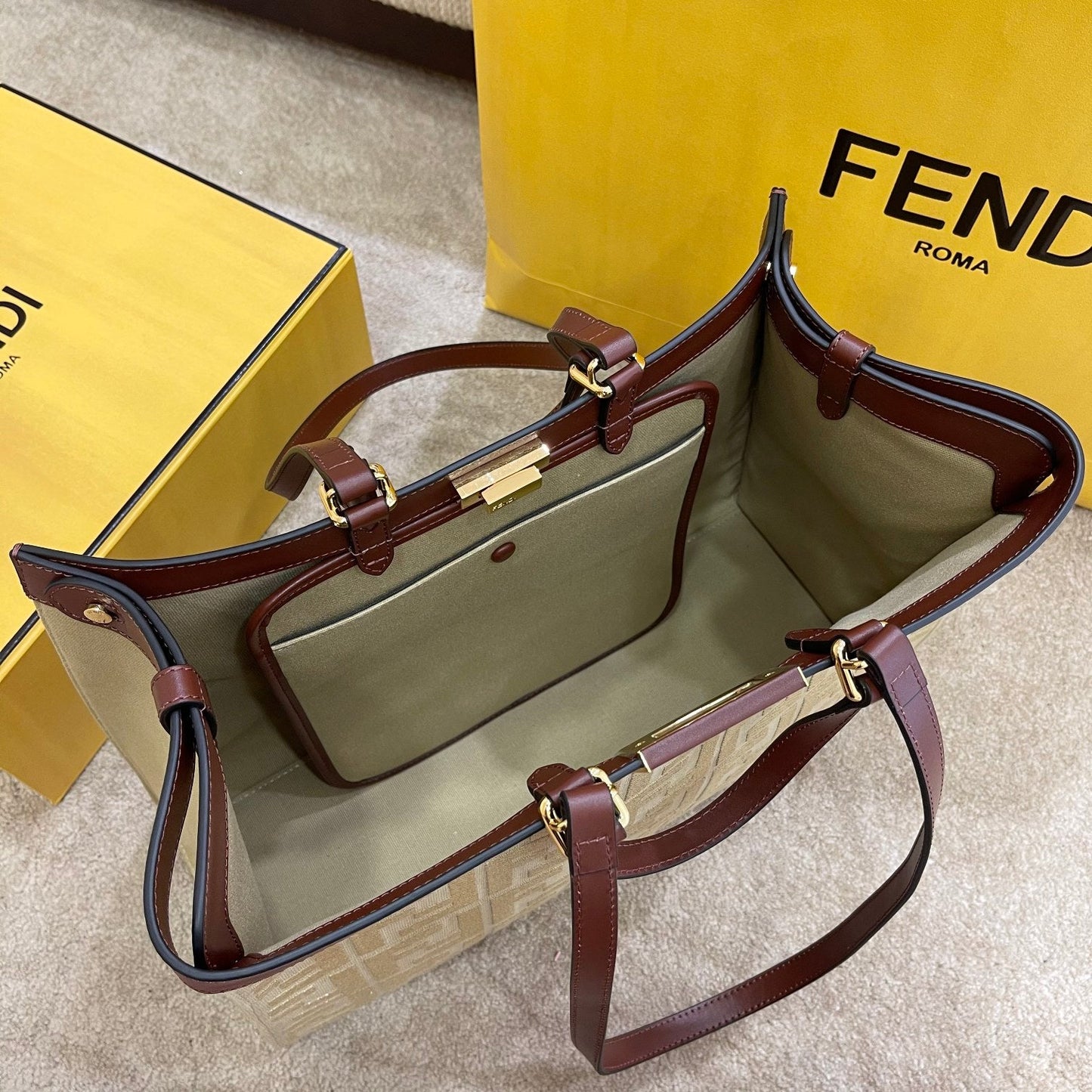 FI Peekaboo X-tote Bag Beige Canvas For Women, Handbags, Shoulder Bags 16.1in/41cm FF 8BH374
