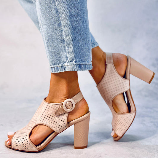 Beige Open Toe Chunky Heel Cut Out Slingback Sandals