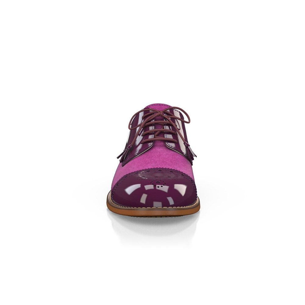 Fuchsia Round Toe Block Heel Splicing Cutout Lace-Up Oxford Shoes