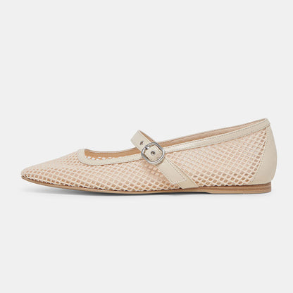 Beige Fishnet Square Toe Flat Buckle Strap Mary Jane Shoes for Women