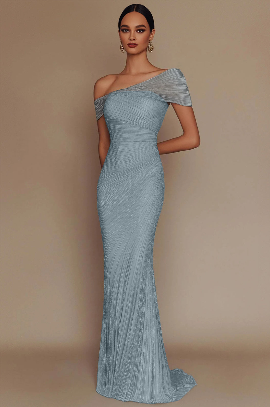 Evening Prom Light Blue Gown One Shoulder Glitter Pleated Maxi Dress