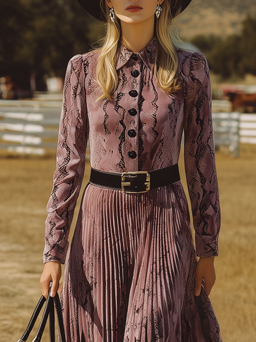 Western Nomadic Retro Purple Velvet Snake Print Pleated Midi Dress