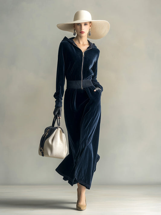 Elegant And Exquisite Dark Blue Velvet Hooded Front Zipper Long Sleeve Maxi Dress
