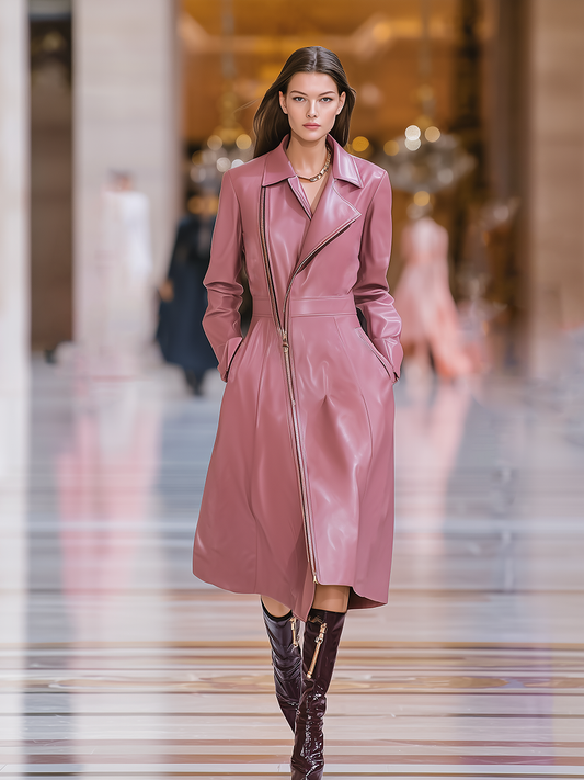 Fashion Retro Lapel Mid-length Faux Leather Coat