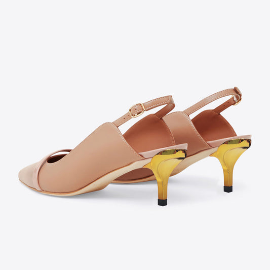 Beige Vegan Leather Closed Toe Kitten Heel Slingback Pumps