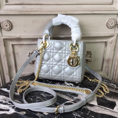 DI Mini Lady Bag Silver with Chain Gold Toned Hardware For Women 6.5in/17cm CD
