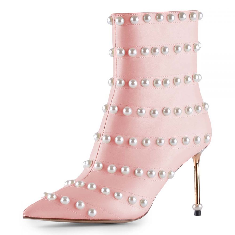 Elegant Pink Pointed Toe Pearl Embellished Heeled Ankle Boots