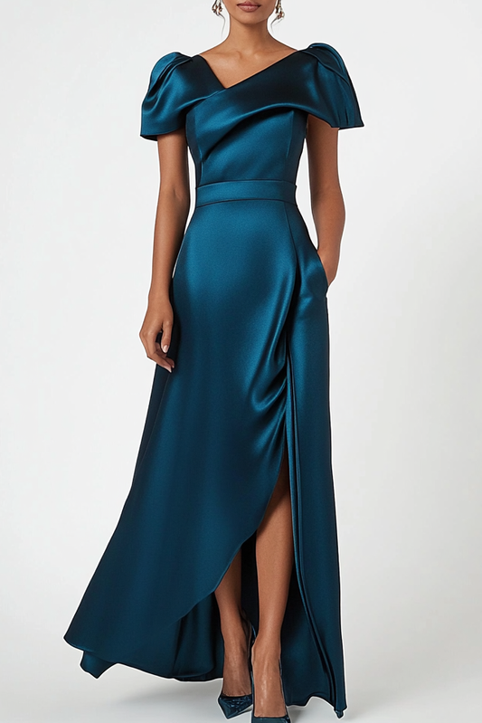 Daily Party Work Blue V Neck Side Slit Satin Maxi Dress Mother of the Bride Dress