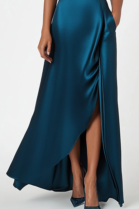 Daily Party Work Blue V Neck Side Slit Satin Maxi Dress Mother of the Bride Dress