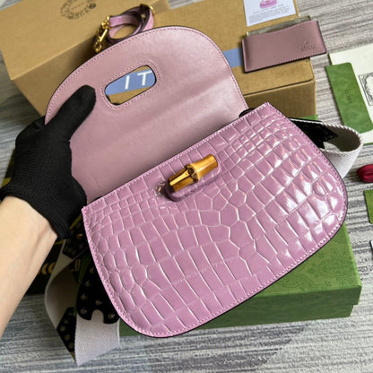 gg Bamboo 1947 Crocodile Top Handle Bag Pink For Women, Women&#8217;s Bags 10.2in/26cm gg