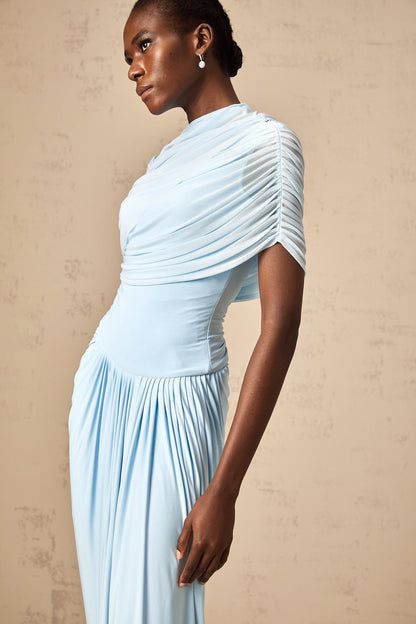 Catherine asymmetrical pleated maxi dress in Baby-blue