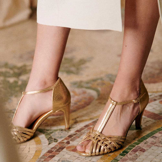 Fashion Gold Metallic Peep Toe T-Strap Women's Sandals with Cone Heel