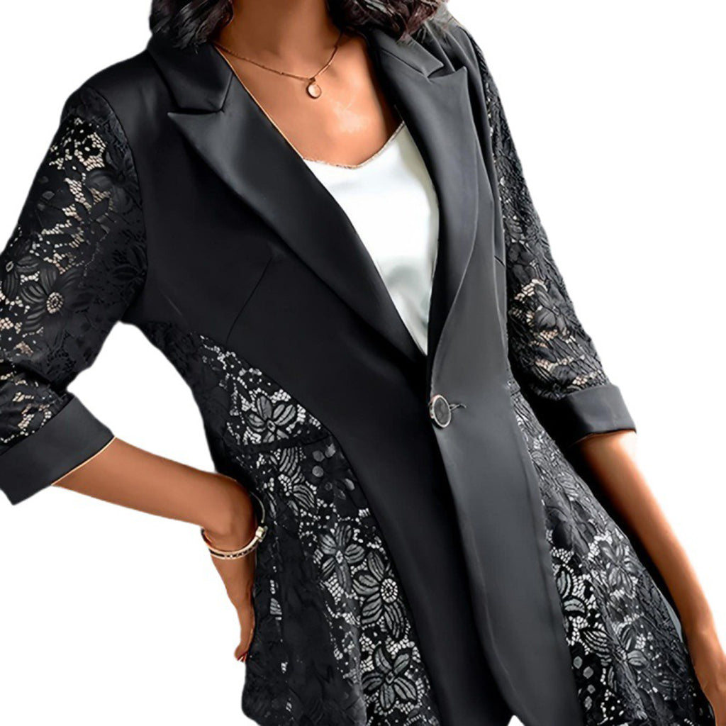 Elegant Lace Patchwork Peak Lapel 3/4 Sleeve One Button Blazer