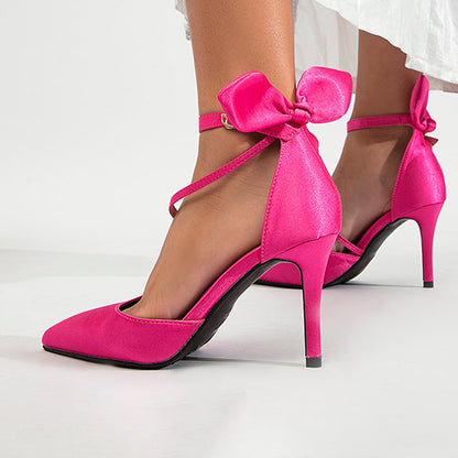 Fuchsia Satin Pointed Toe Stiletto Heel Ankle Strap Pumps with Bow