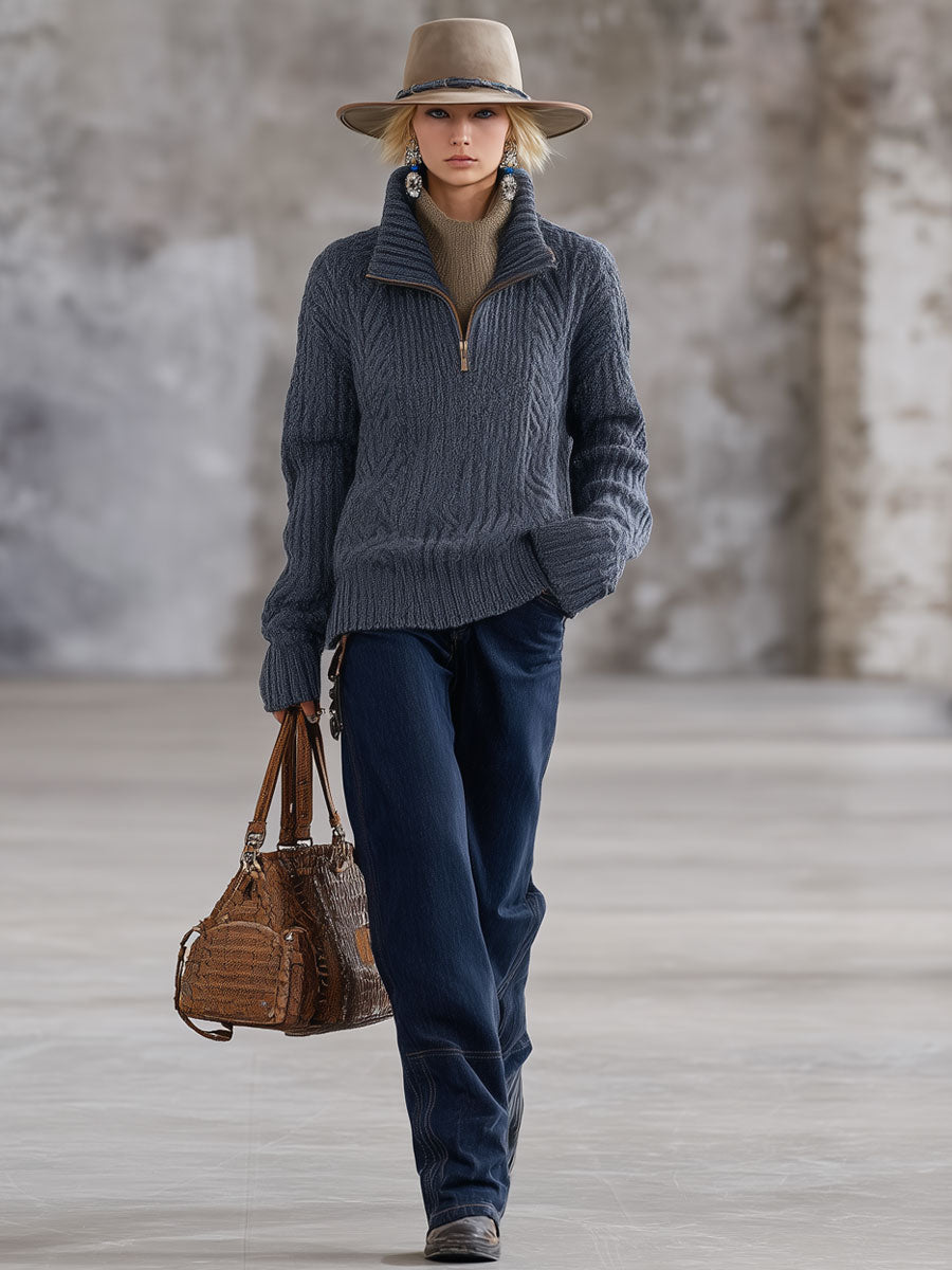 Fashion Retro Gray-Blue Knitted Cable Half-Zip Pullover