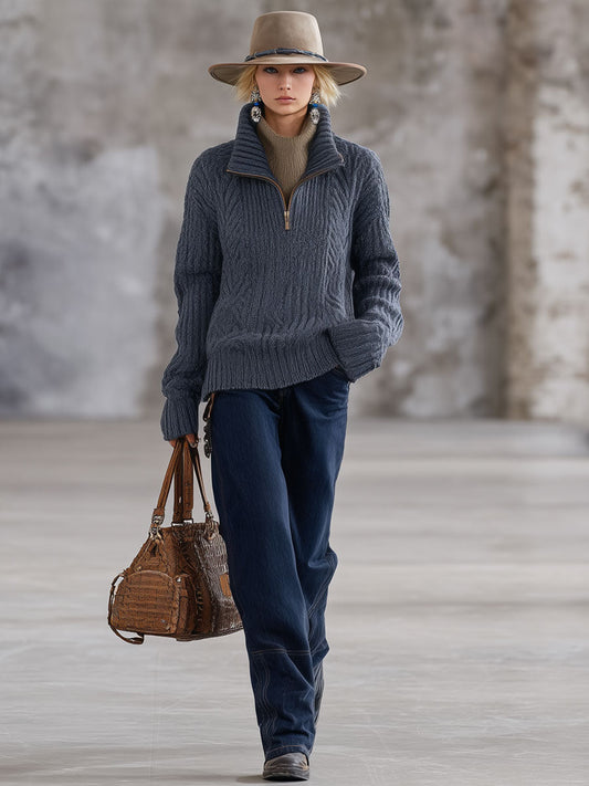 Fashion Retro Gray-Blue Knitted Cable Half-Zip Pullover