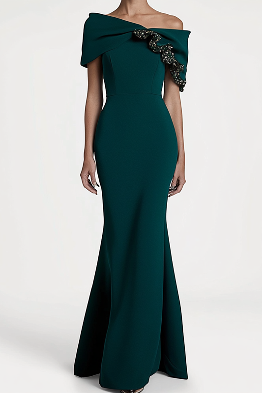 Dark Green Party Work Bowknot Shoulder Decoration Maxi Dress Mother of the Bride Dress