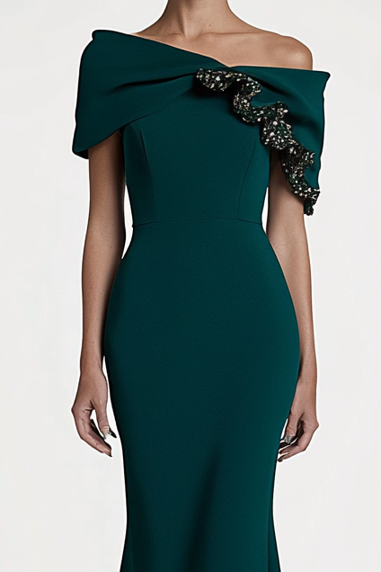 Dark Green Party Work Bowknot Shoulder Decoration Maxi Dress Mother of the Bride Dress