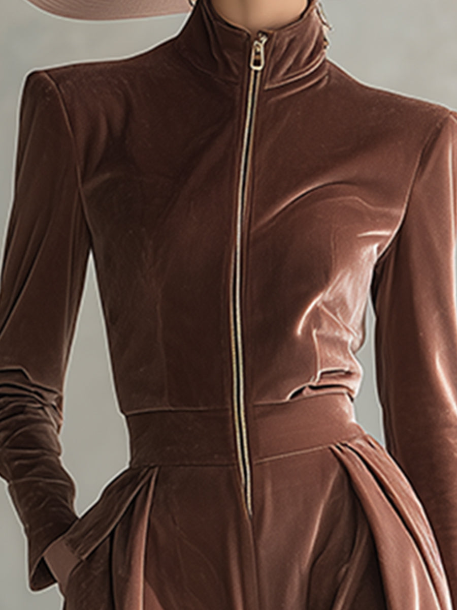 Exquisite And Elegant Stand-up Collar Front Zipper Light Brown Velvet Long-sleeved Maxi Dress