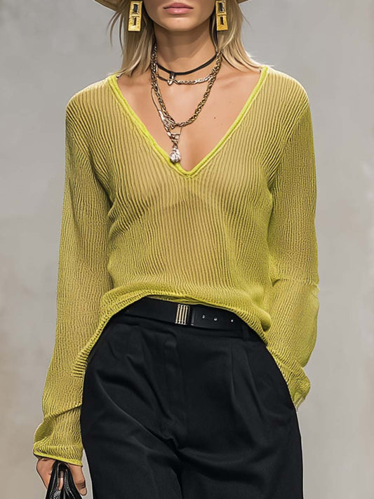Exquisite Casual Breathable V-neck Long-sleeved Lemon Green Knitted Blouse Top