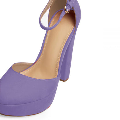Elegant Purple Platform Pumps Closed Toe Ankle Strap Chunky Heels