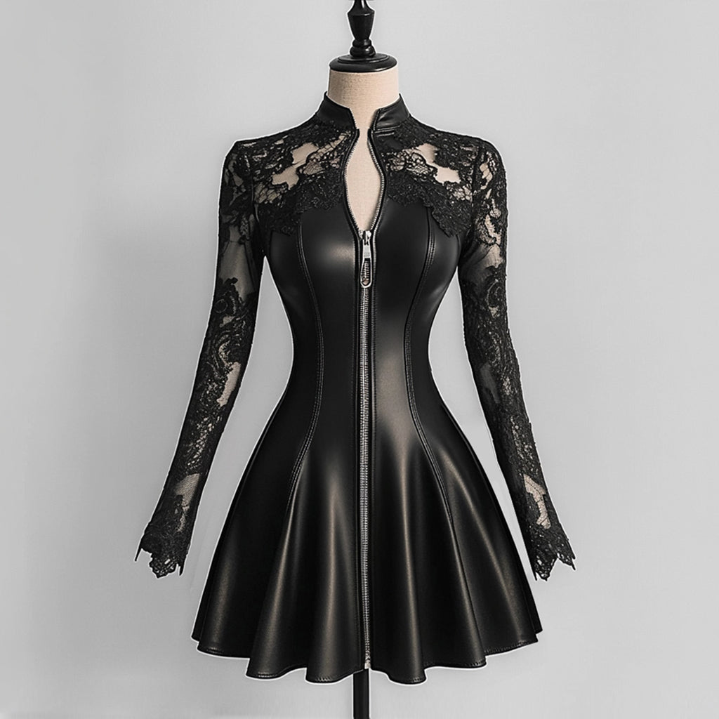Ursime PU Leather Lace Long Sleeve Zipper Mini Dress