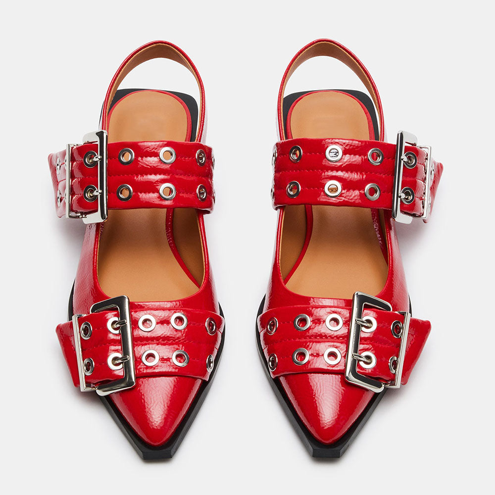 FSJ Red Pointed Toe Stylish Slingback Flats with Grommets Strap