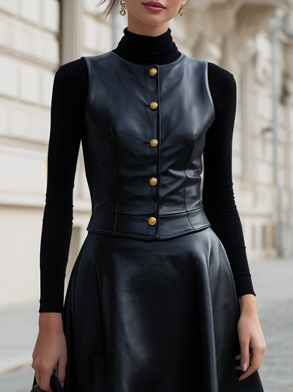 Faux Leather Three-Piece Set With Gold Button Detailing