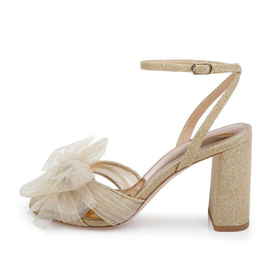 Full-Gold Fabric Bow Inlay Ankle Strap Block Heel Classy Sandals